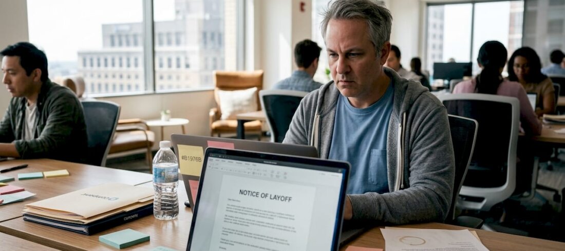 Tech employee reading layoff notice in office