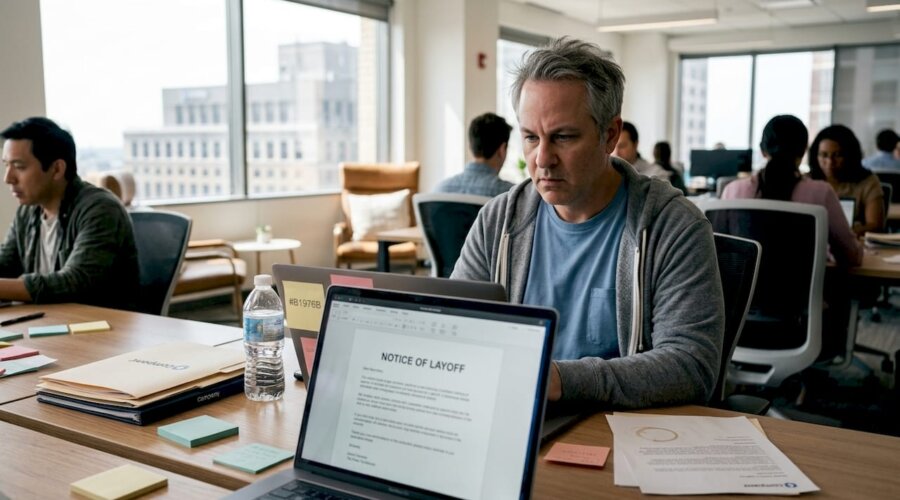 Tech employee reading layoff notice in office