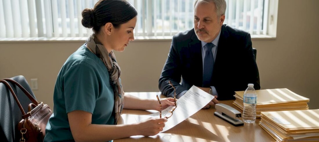 Worker and HR manager discuss medical leave paperwork