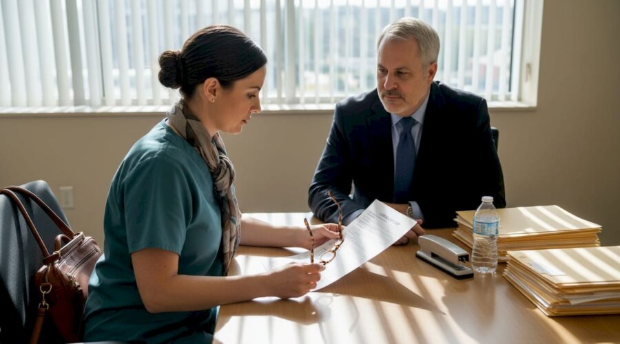 Worker and HR manager discuss medical leave paperwork