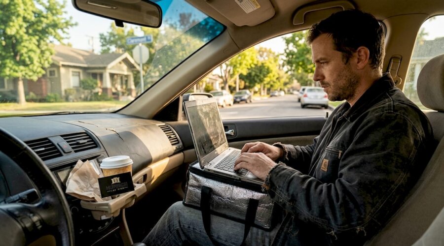Gig worker updating records in parked car Claremont