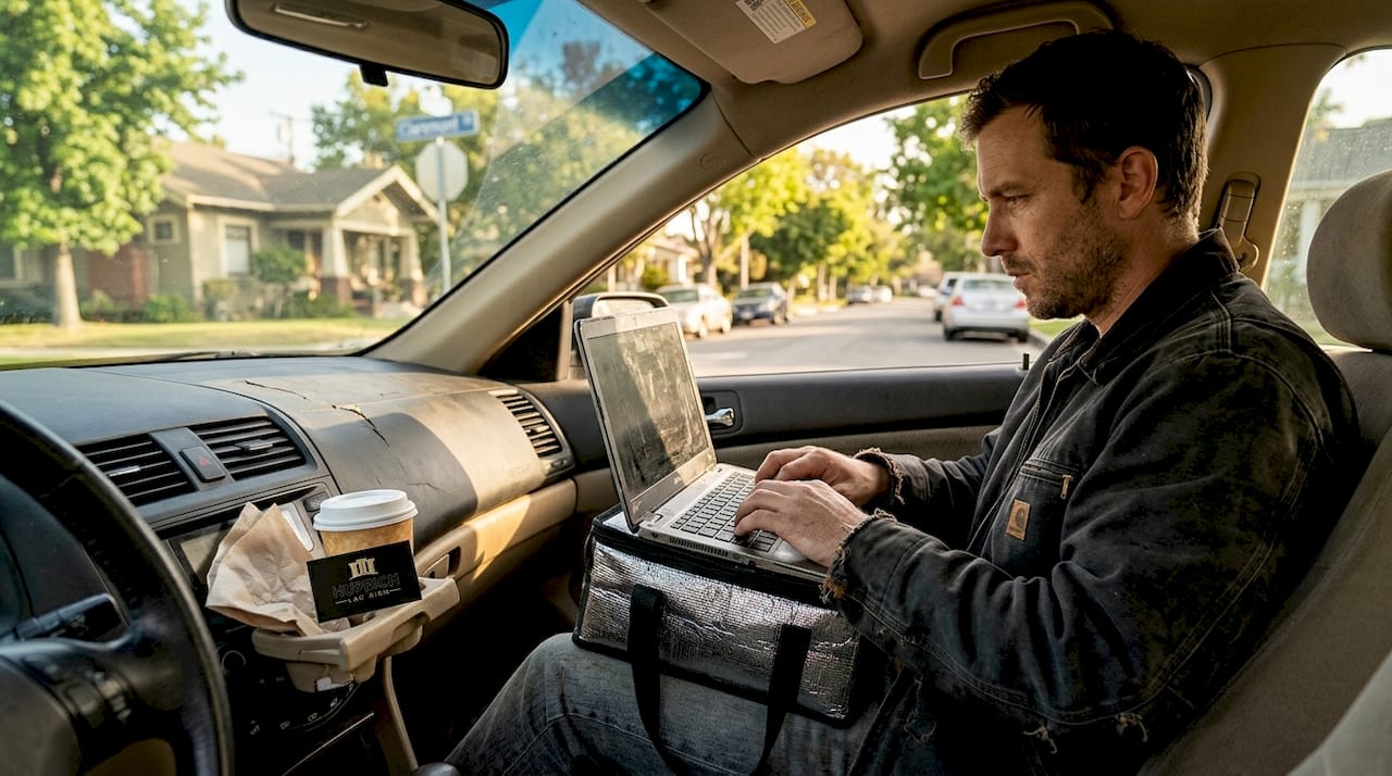 Gig worker updating records in parked car Claremont