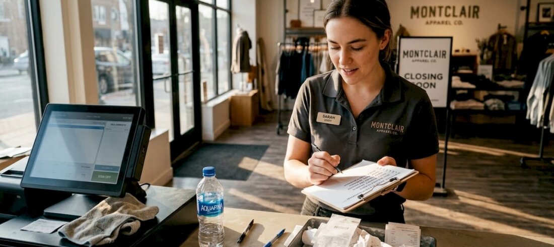 Retail worker closing shift in Montclair store Retail worker closing shift in Montclair store
