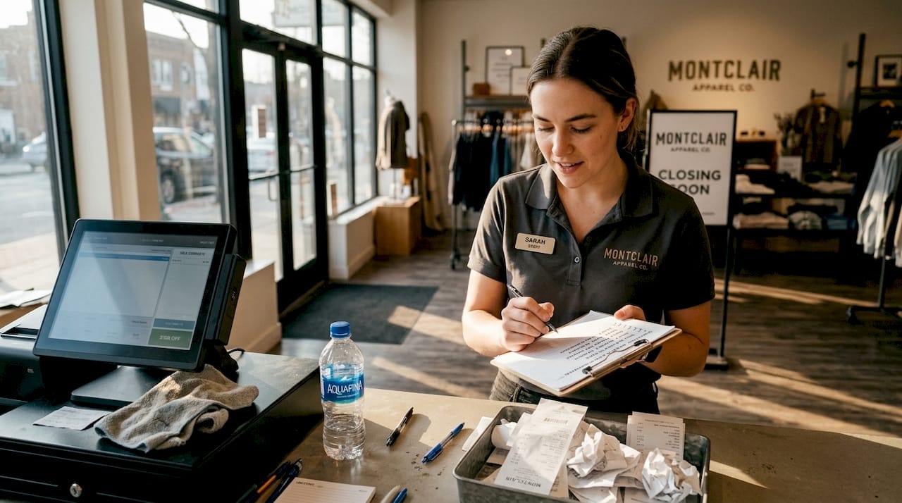 Retail worker closing shift in Montclair store