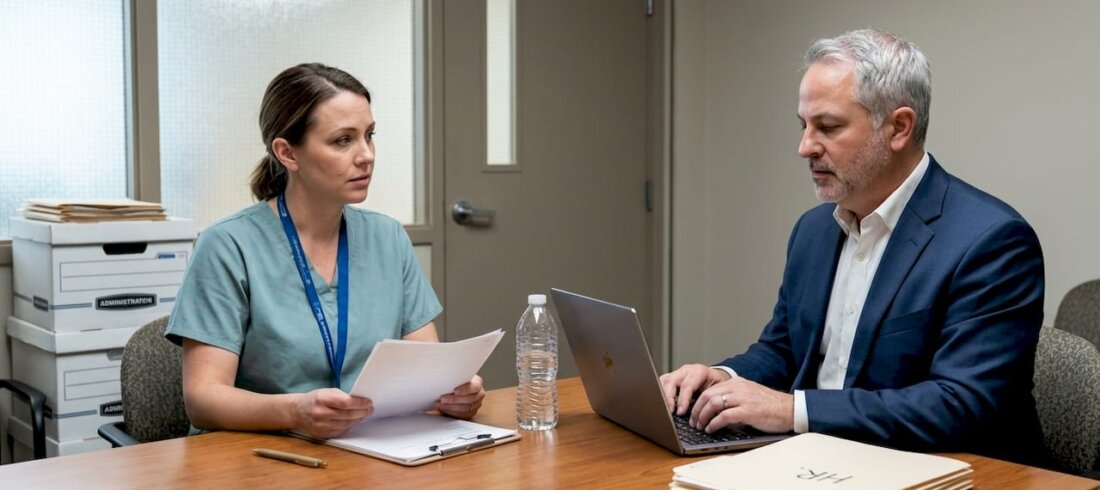 Nurse meeting with HR manager in hospital office