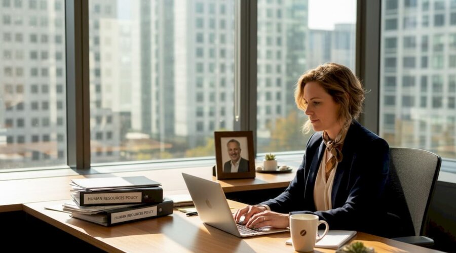 Employee writing HR complaint in office