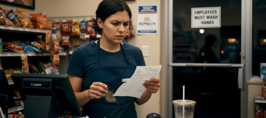 Retail worker reviewing paystub at store counter Retail worker reviewing paystub at store counter