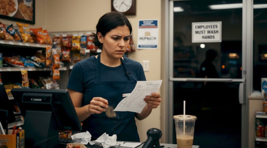 Retail worker reviewing paystub at store counter