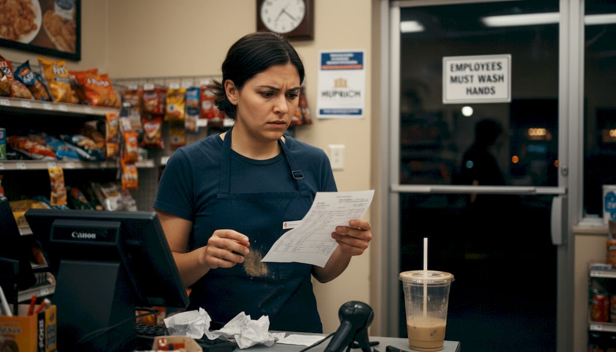 Retail worker reviewing paystub at store counter
