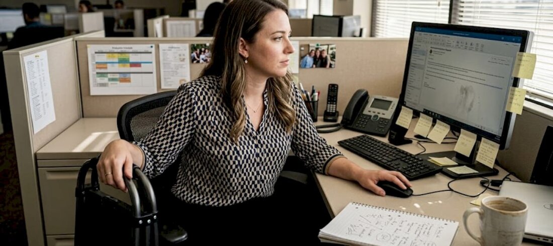 Media worker reading accommodation request at desk