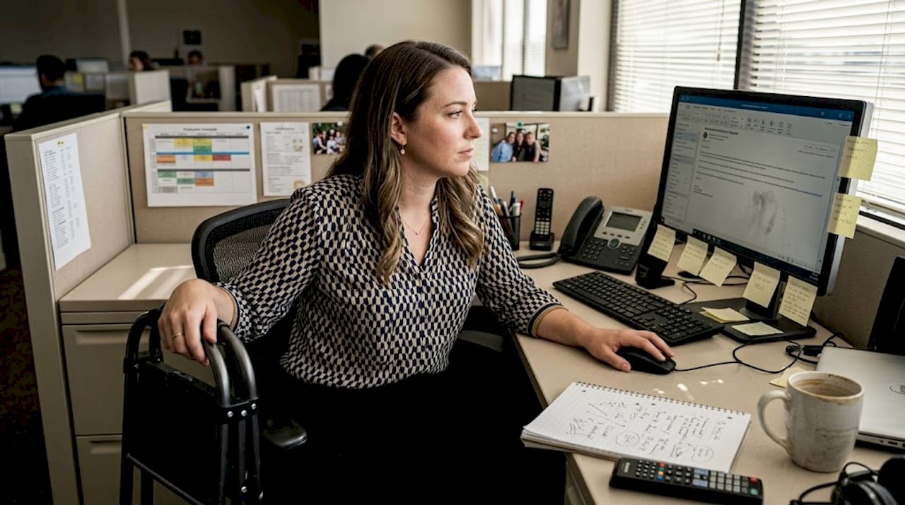 Media worker reading accommodation request at desk