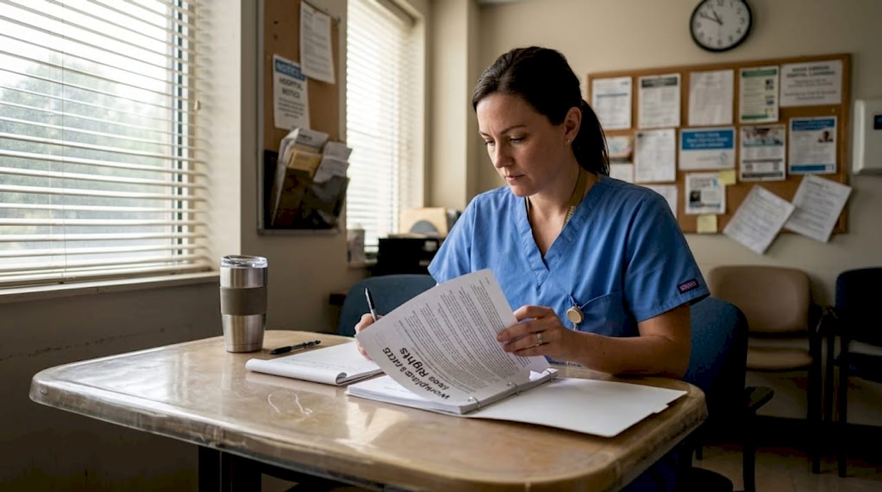 Nurse reviews workplace rights documents