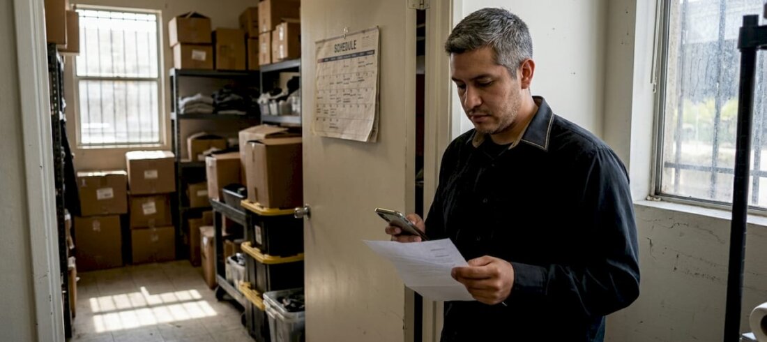 Retail worker reading termination notice near stockroom