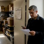 Retail worker reading termination notice near stockroom