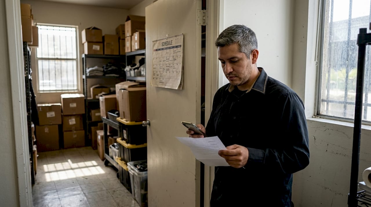 Retail worker reading termination notice near stockroom
