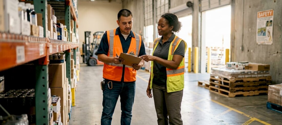 Warehouse worker and supervisor reviewing checklist