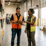 Warehouse worker and supervisor reviewing checklist