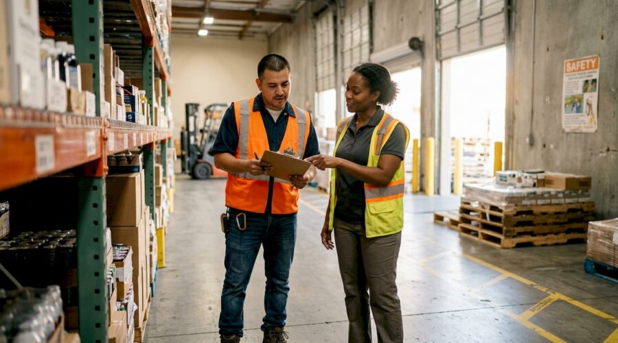 Warehouse worker and supervisor reviewing checklist