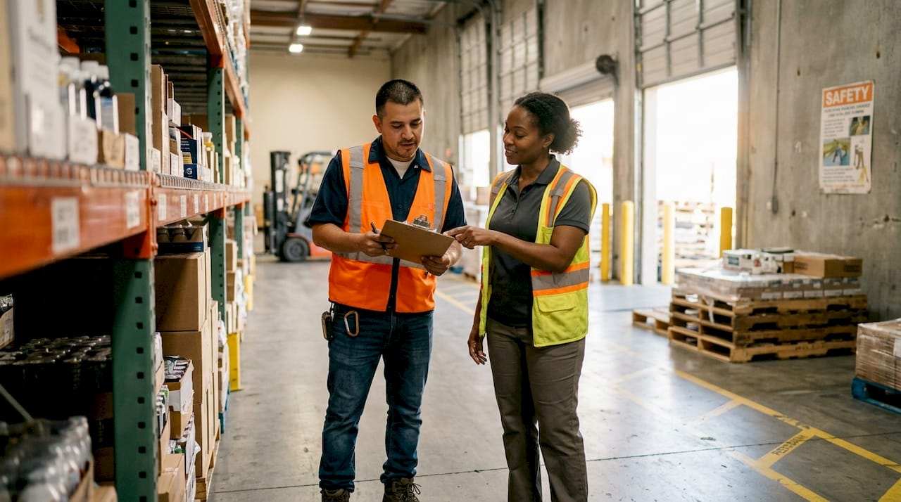 Warehouse worker and supervisor reviewing checklist