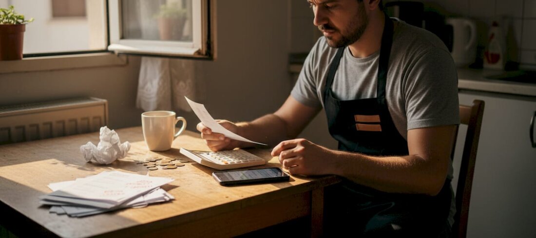 Restaurant worker reviews pay stub at kitchen table Restaurant worker reviews pay stub at kitchen table