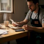 Restaurant worker reviews pay stub at kitchen table