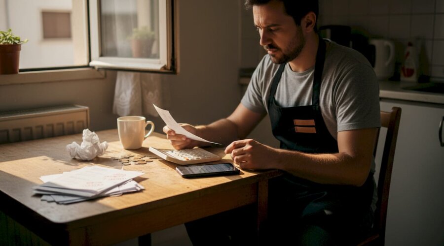 Restaurant worker reviews pay stub at kitchen table