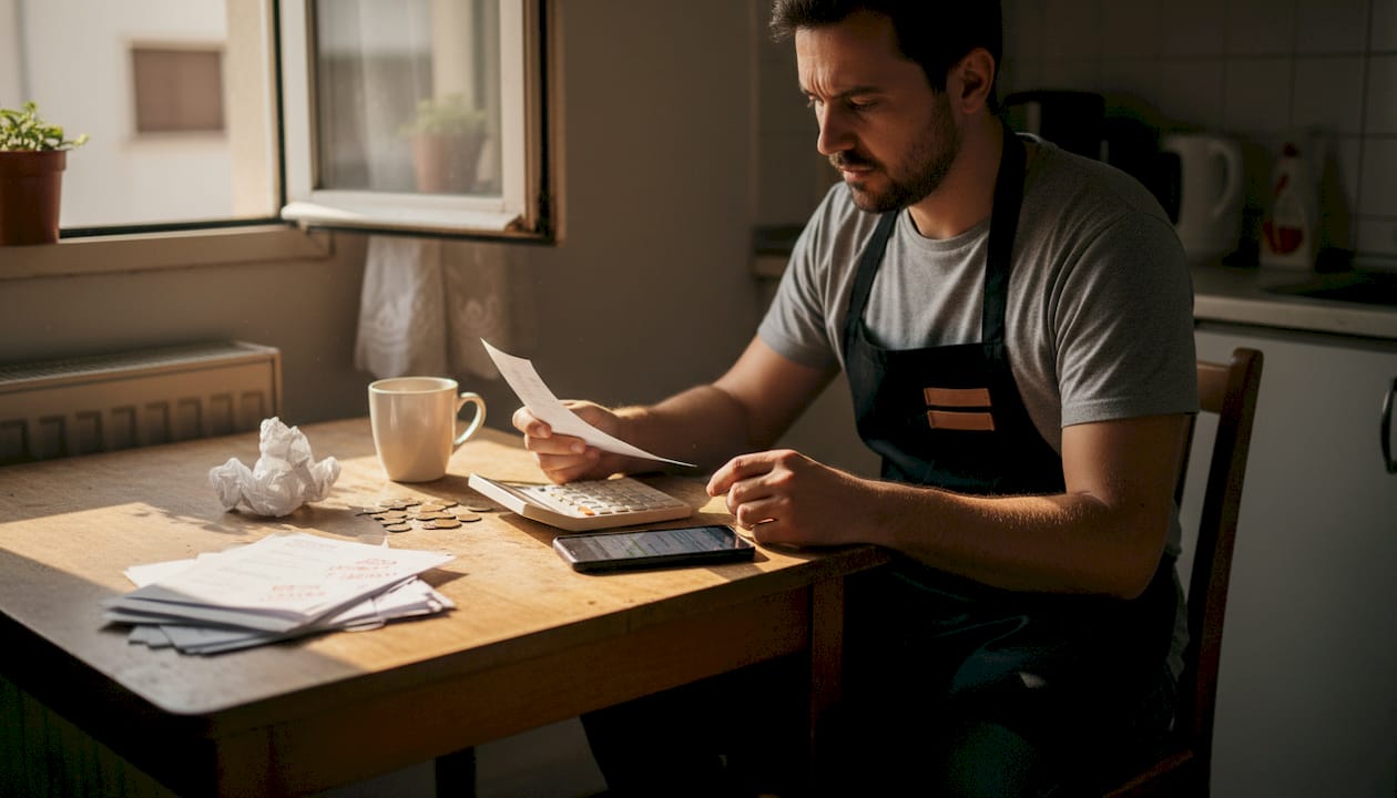 Restaurant worker reviews pay stub at kitchen table