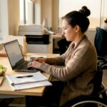 Wheelchair user working at cluttered office desk