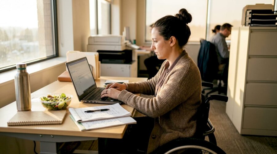 Wheelchair user working at cluttered office desk