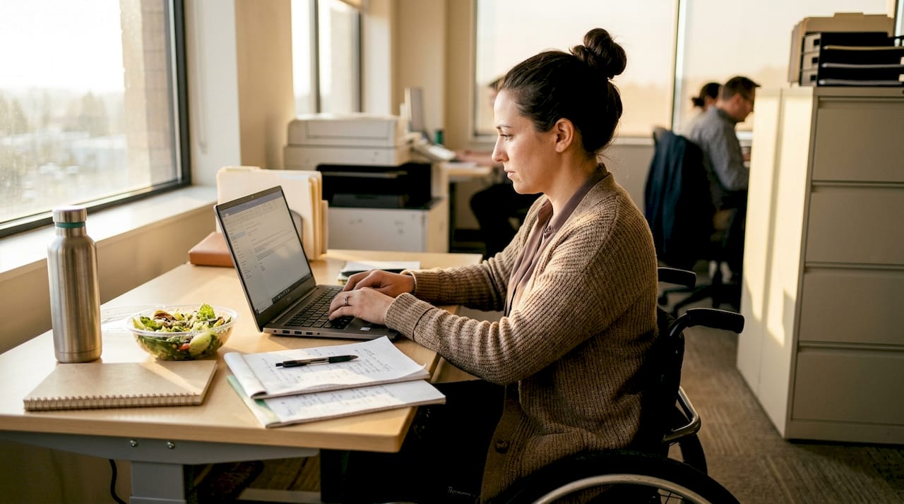 Wheelchair user working at cluttered office desk