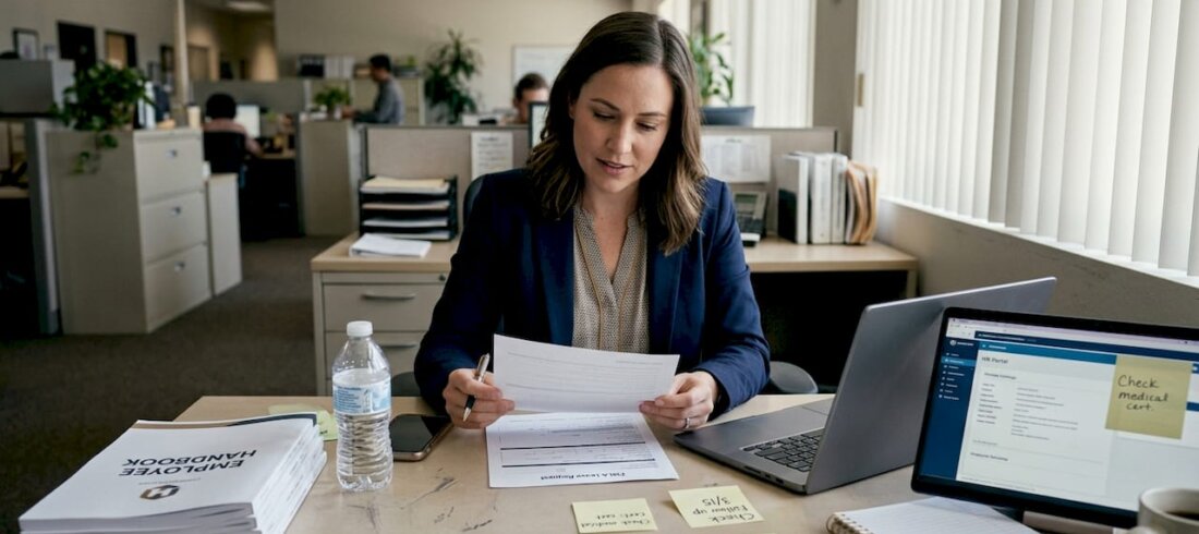 Employee reviewing FMLA paperwork in HR office
