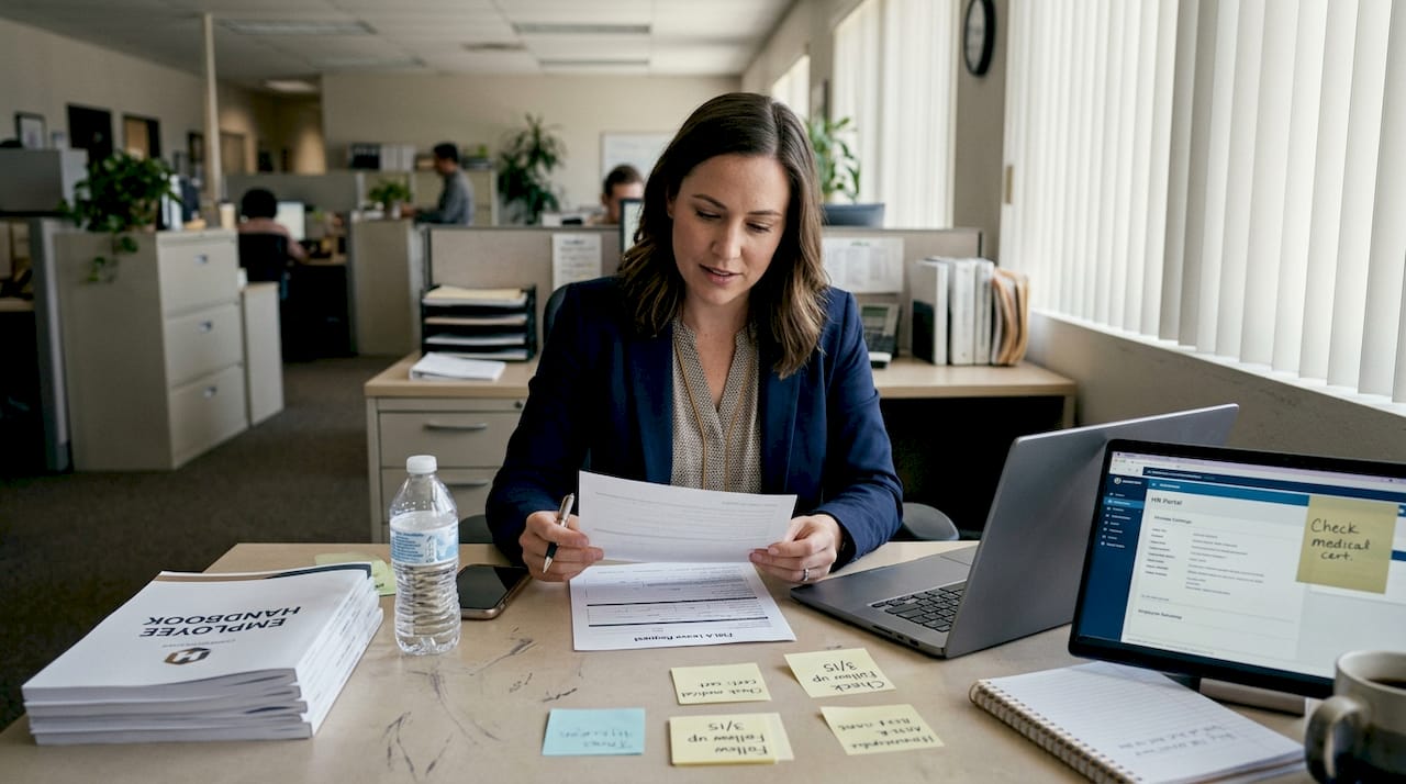 Employee reviewing FMLA paperwork in HR office