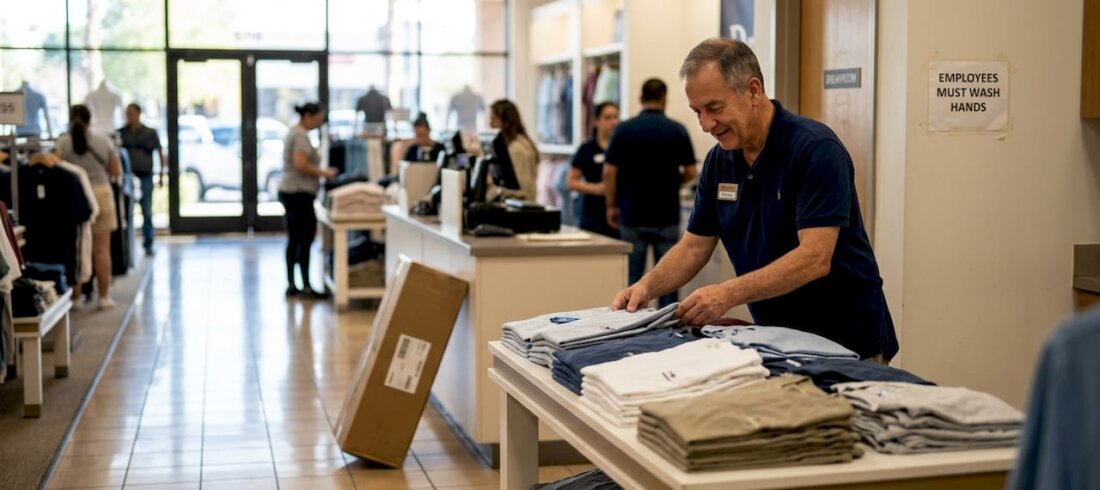 Older retail worker organizes shelves in Glendale store