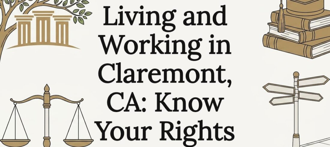 Editorial flat vector title card with Claremont and legal icons