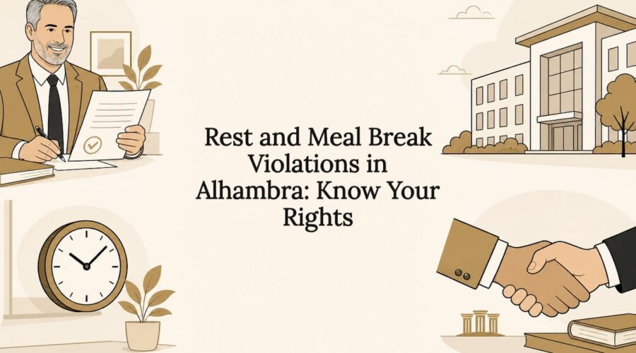 Decorative title card illustration with legal and break icons
