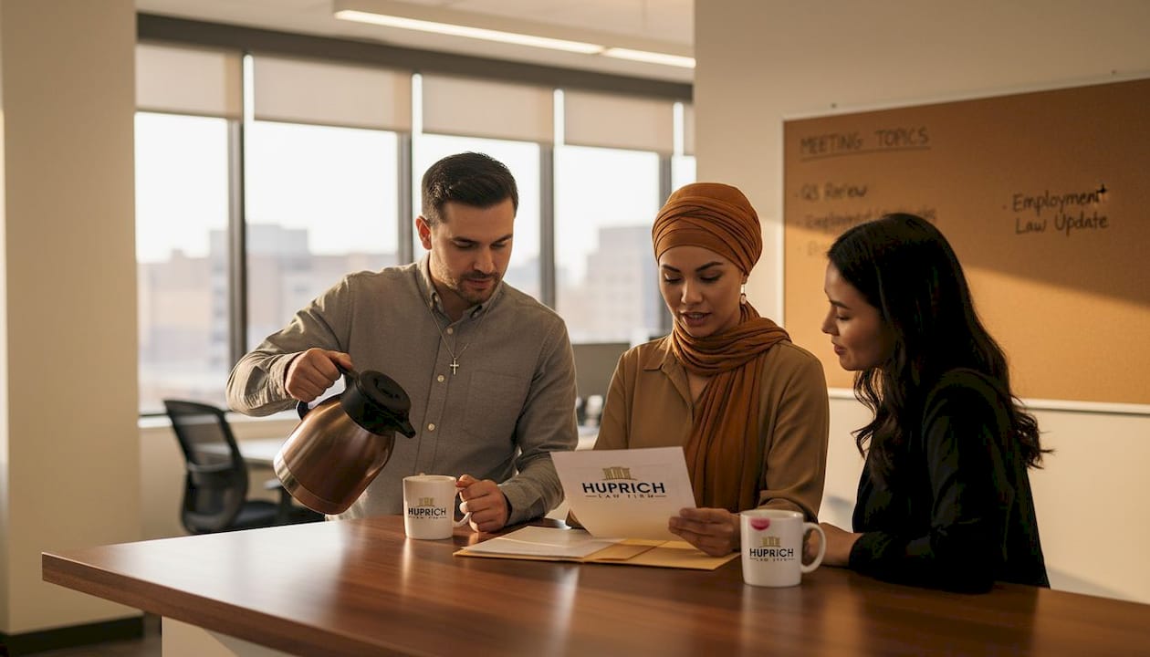 Office workers from diverse religious backgrounds talking
