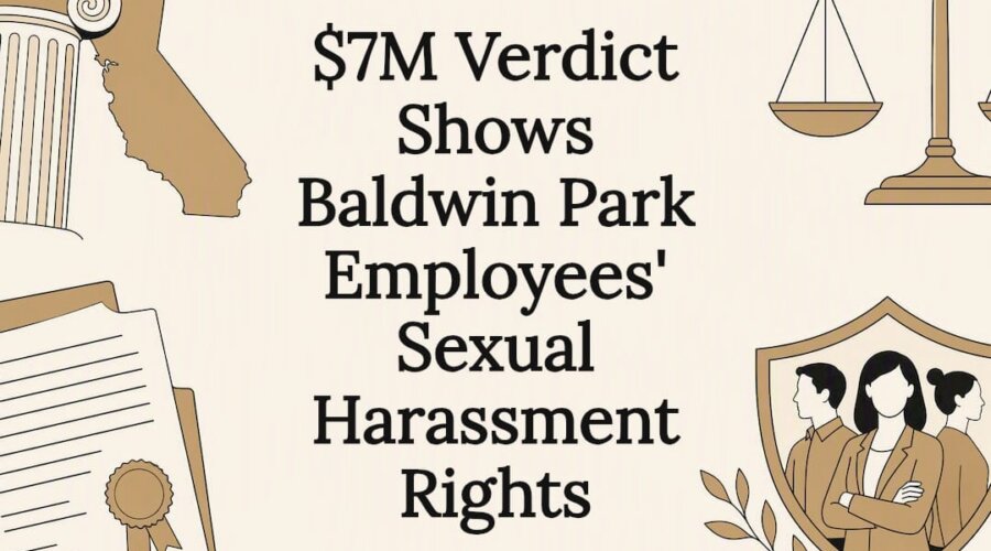 Illustrated title card for Baldwin Park harassment verdict