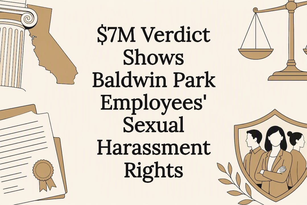 Illustrated title card for Baldwin Park harassment verdict