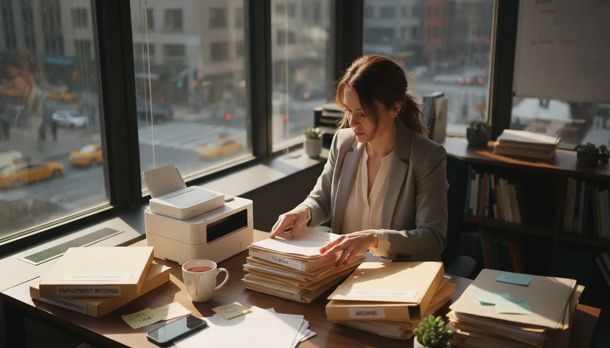 Woman organizing legal documents in office